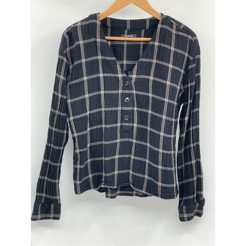 Madewell Shirt Top Women Size‎ Large Black Check Gauze Long Sleeve Button V Neck